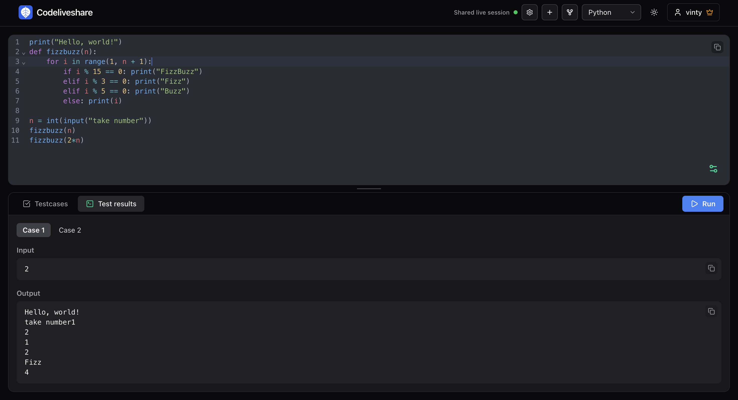Codeliveshare editor with a Python FizzBuzz example and testcase output